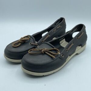 Crocs Beach Line Boat Shoes Women's Size 8 Brown White Slip On Lace Up Sandals
